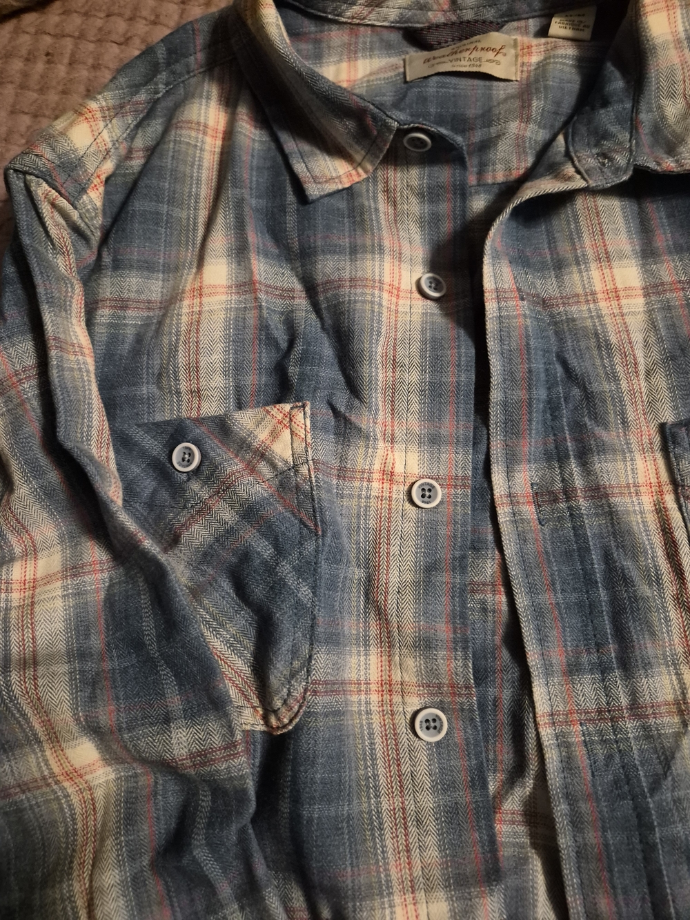 Weatherproof Blue Plaid Button-Down Shirt with Cream and Oange Stripes